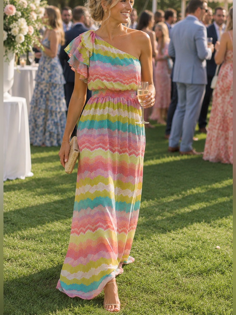 Jessica Simpson One Shoulder Maxi Dress Multicolor Chevron Size 4